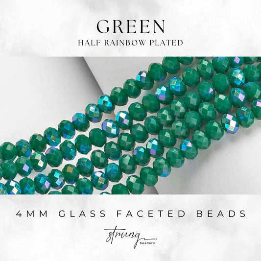 4mm Glass Faceted Beads | Green | Half Rainbow Plated | Rondelle Beads