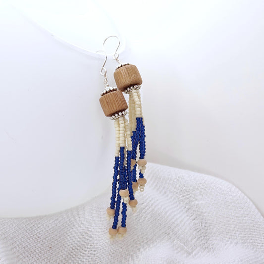 Navy Cream Dangle Earrings Handmade Boho Chic Lightweight Jewelry 24K Gold Plated Glass & Wooden Beads