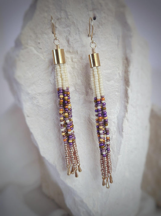 Boho Beaded Tassel Earrings – Handmade Czech Glass & 24K Gold Plated in Ivory and Purple