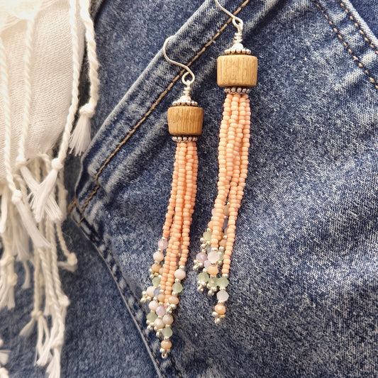 Pastel Pink Handmade Wooden and Glass Bead Dangle Earrings – Boho Chic, Silver Plated Accents, Faceted Beads, Lightweight Jewelry