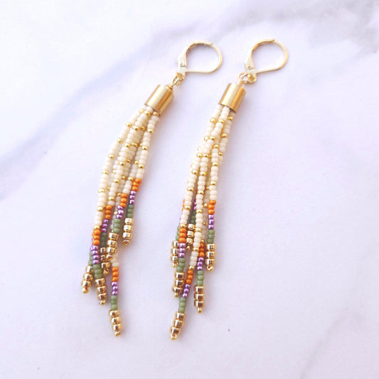 Boho Beaded Tassel Earrings – Handmade Czech Glass & 24K Gold Plated in Ivory and Purple