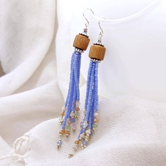 Pastel Blue Handmade Wooden and Glass Bead Dangle Earrings – Boho Chic, Silver Plated Accents, Faceted Seed Beads, Lightweight Jewelry