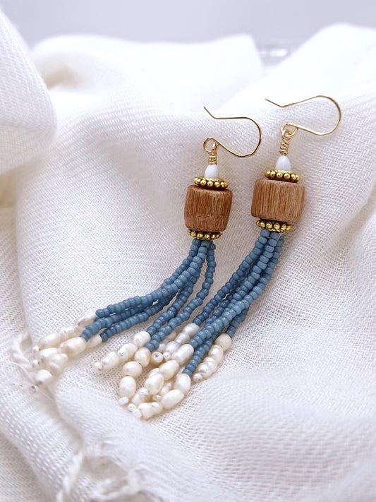 Blue Handmade Wooden and Glass Bead Dangle Earrings – Boho Chic, Silver or 24K Gold Plated Accents, Freshwater Pearls, Lightweight Jewelry