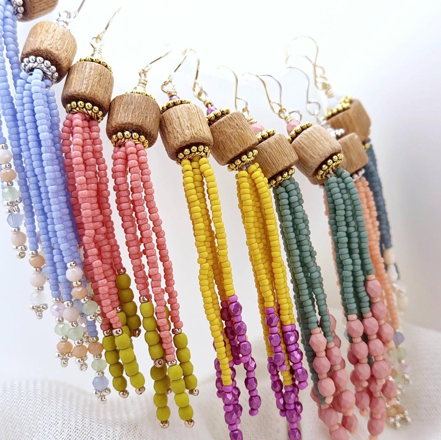 Pink and Green Handmade Wooden & Glass Bead Dangle Earrings – Boho Chic, 24K Gold Plated, Lightweight Faceted Seed Beads Jewelry