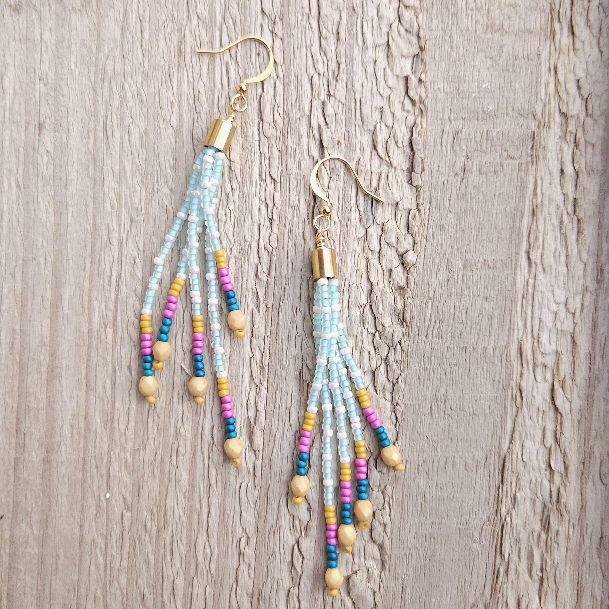 Boho Beaded Tassel Earrings Handmade 24K Gold Plated Czech Glass Mustard & Teal Statement Jewelry Gift