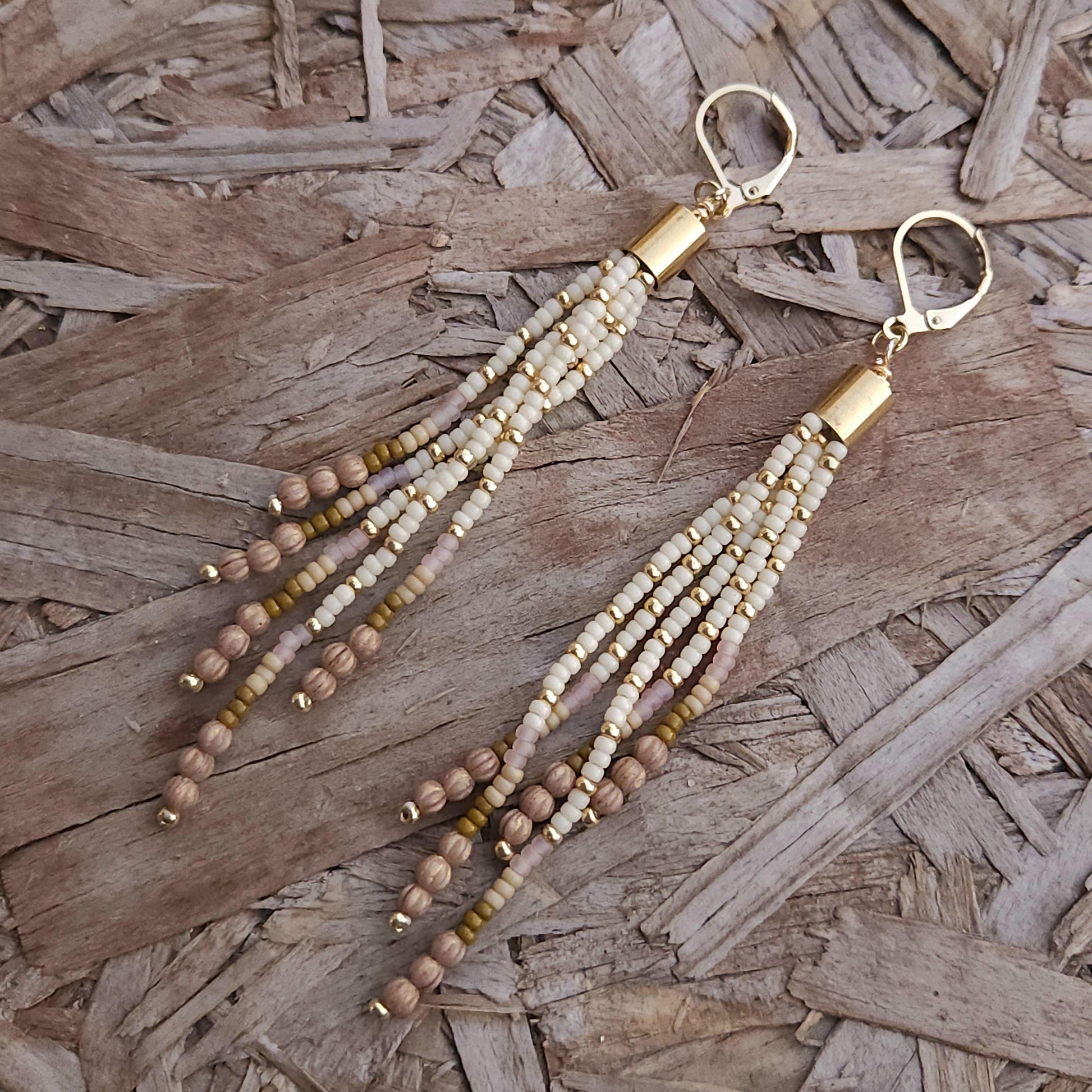Boho Beaded Tassel Earrings – Handmade Czech Glass & 24K Gold Plated in Ivory and Purple