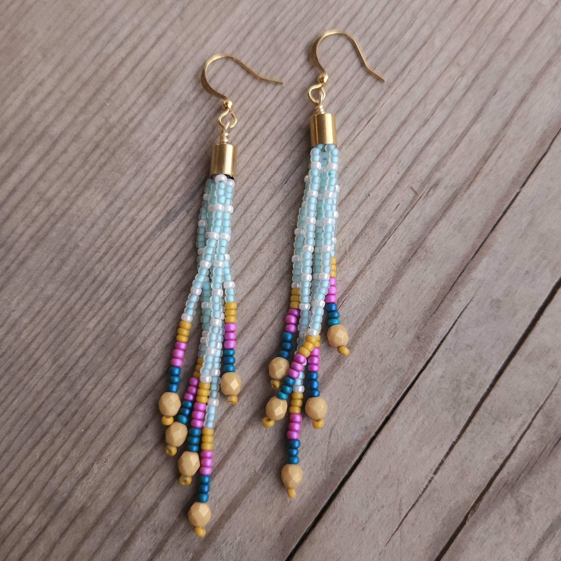 Boho Beaded Tassel Earrings Handmade 24K Gold Plated Czech Glass Mustard & Teal Statement Jewelry Gift