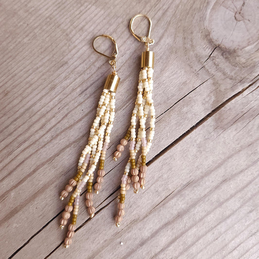 Boho Beaded Tassel Earrings – Handmade Czech Glass & 24K Gold Plated in Ivory and Purple