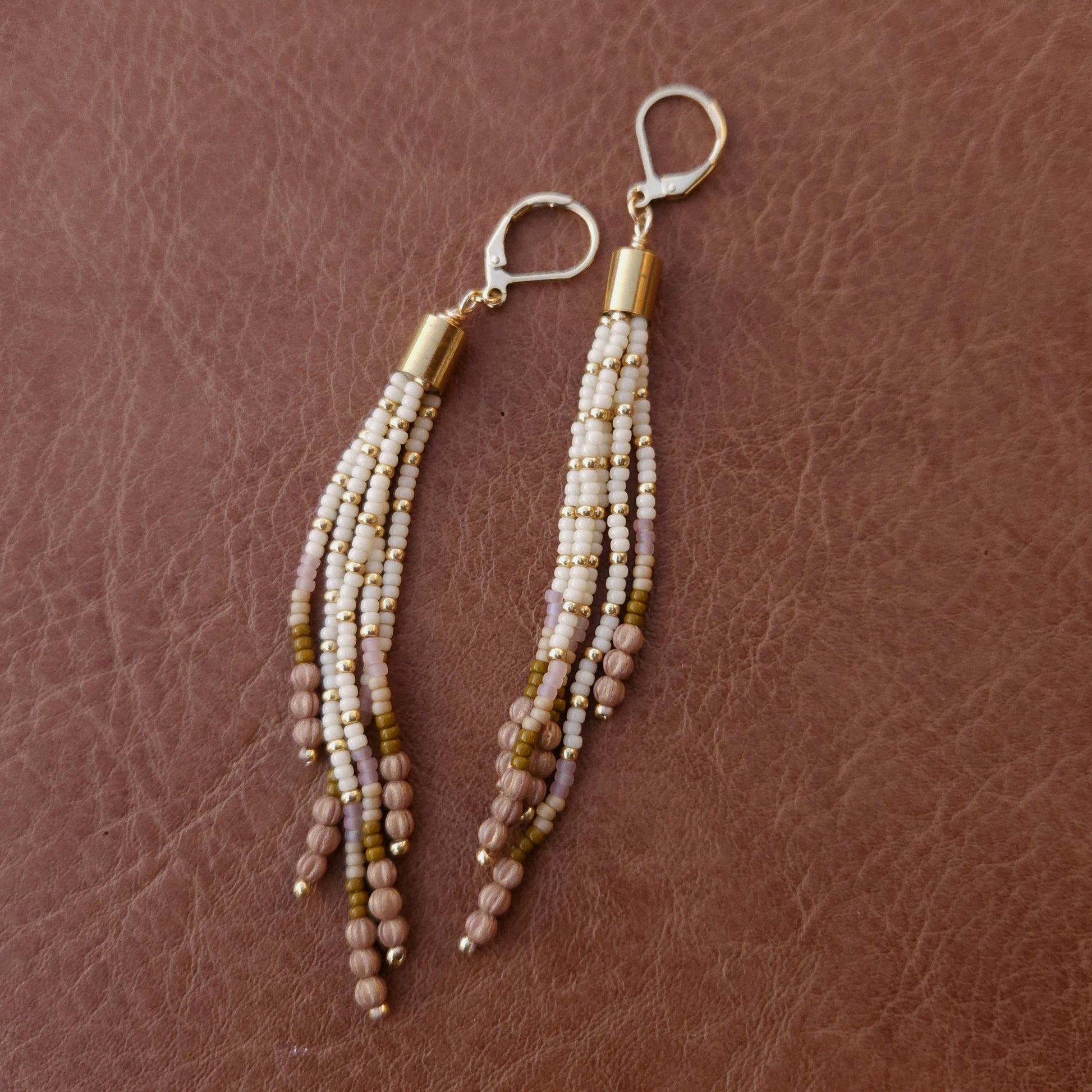 Boho Beaded Tassel Earrings – Handmade Czech Glass & 24K Gold Plated in Ivory and Purple