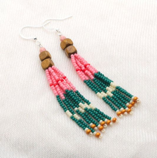 Pink, Teal, and Wooden Bead Dangle Earrings – Bohemian Fringe Statement Jewelry