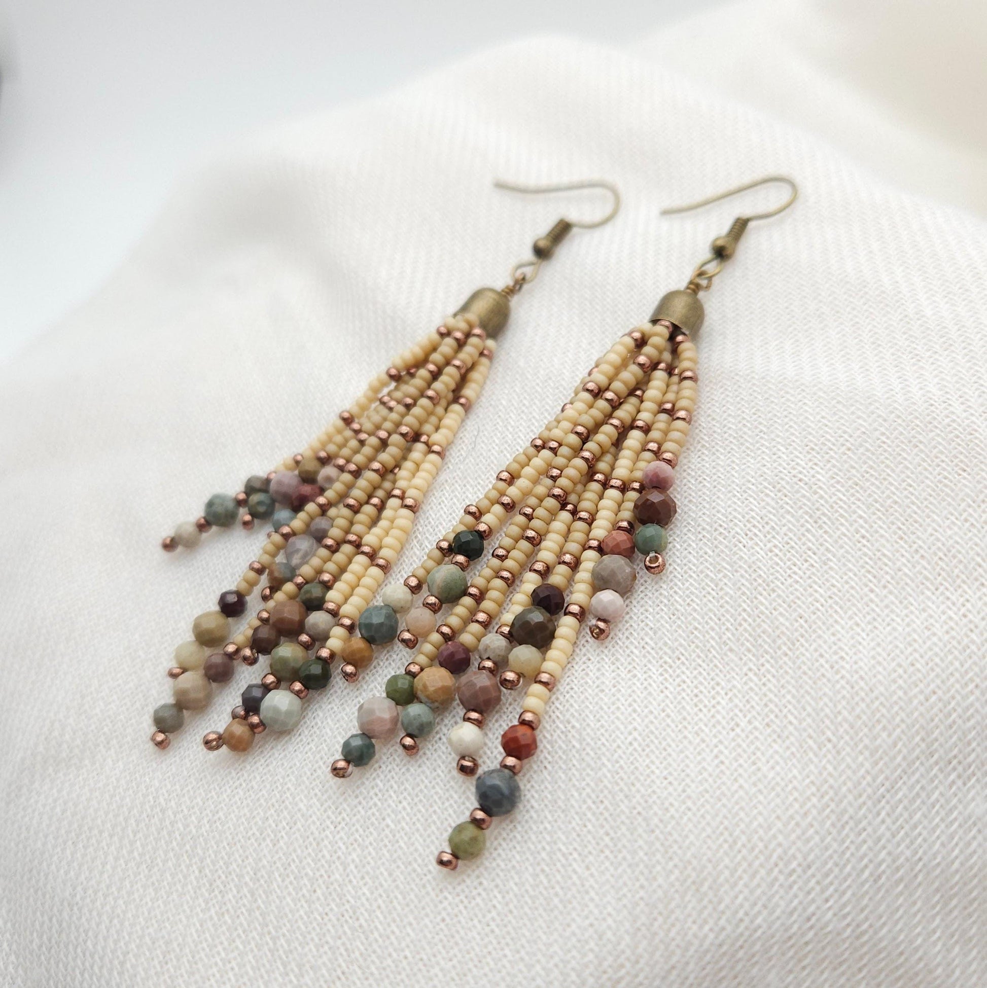 Earthy Toned Tassel Earrings with Alishan Agate– Bohemian Fringe Statement Jewelry