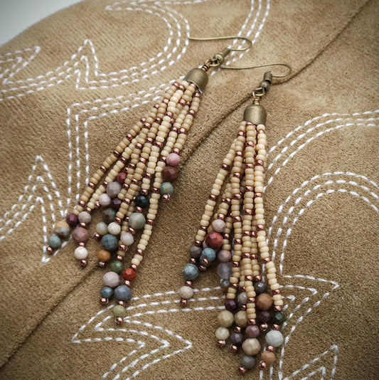 Earthy Toned Tassel Earrings with Alishan Agate– Bohemian Fringe Statement Jewelry