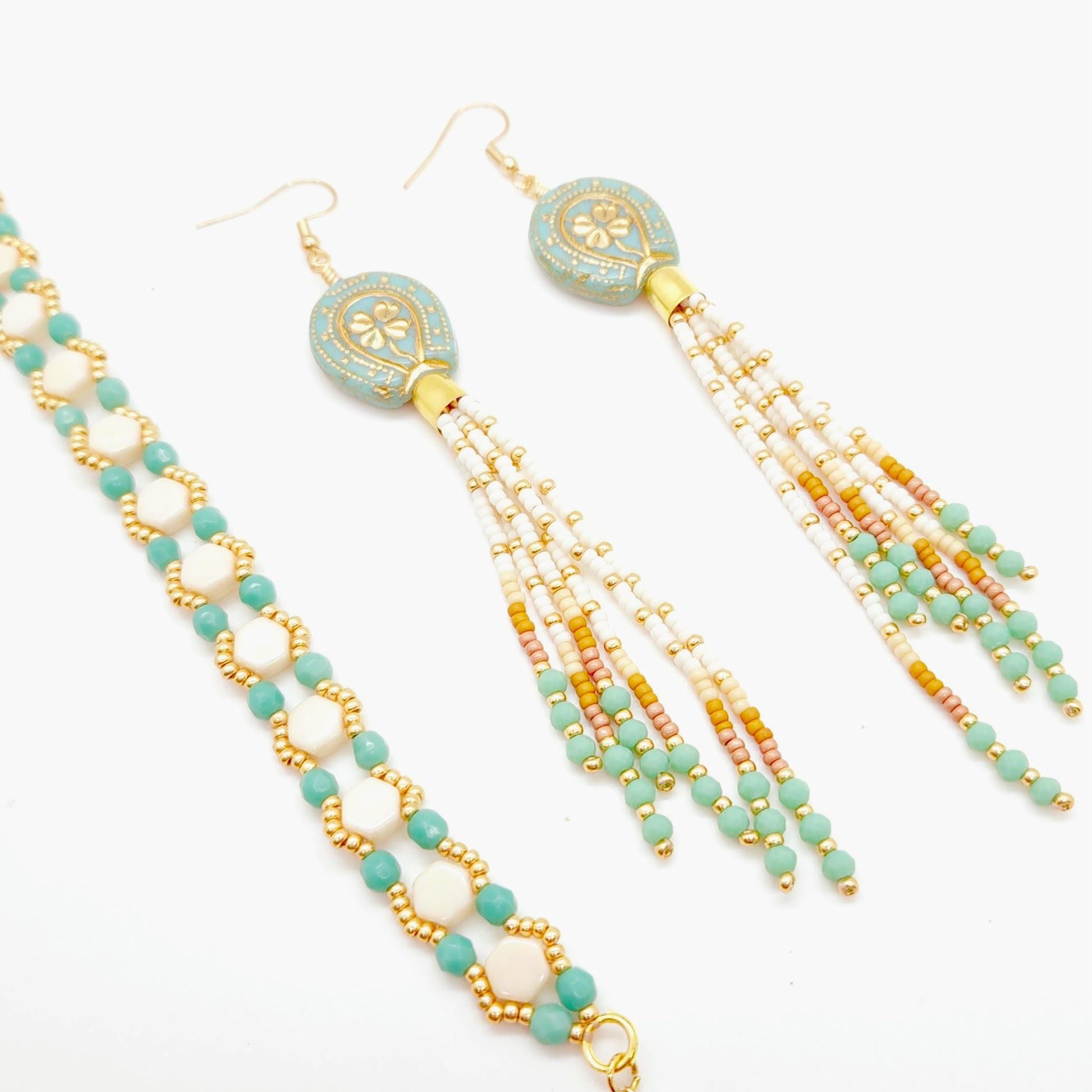 Turquoise Gold Southwestern Horseshoe Earrings with Tassels, Boho Statement Jewelry, Cowgirl Accessories