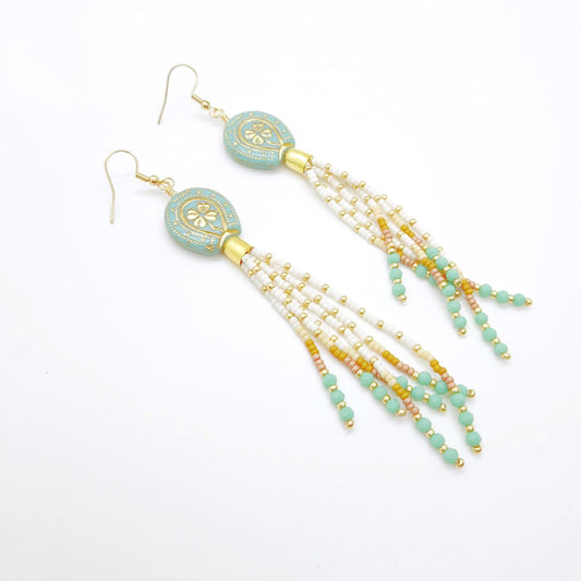 Turquoise Gold Southwestern Horseshoe Earrings with Tassels, Boho Statement Jewelry, Cowgirl Accessories