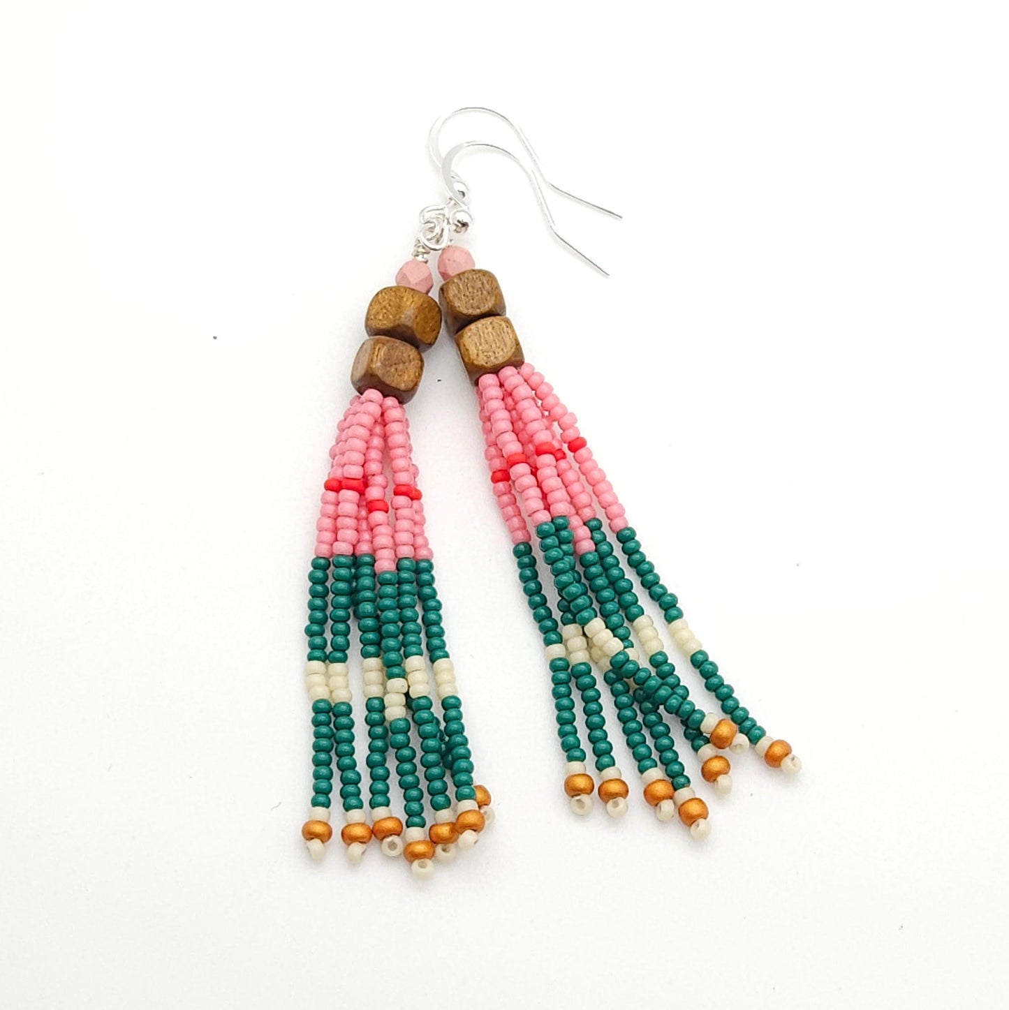 Pink, Teal, and Wooden Bead Dangle Earrings – Bohemian Fringe Statement Jewelry