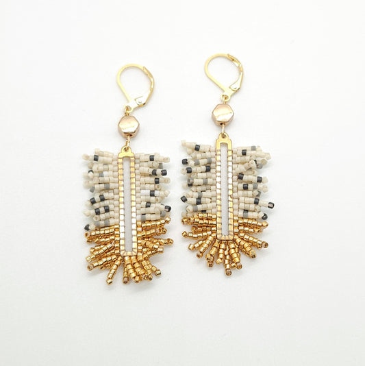 Gold, Gray & Ivory Geometric Earrings– Bohemian Statement Jewelry