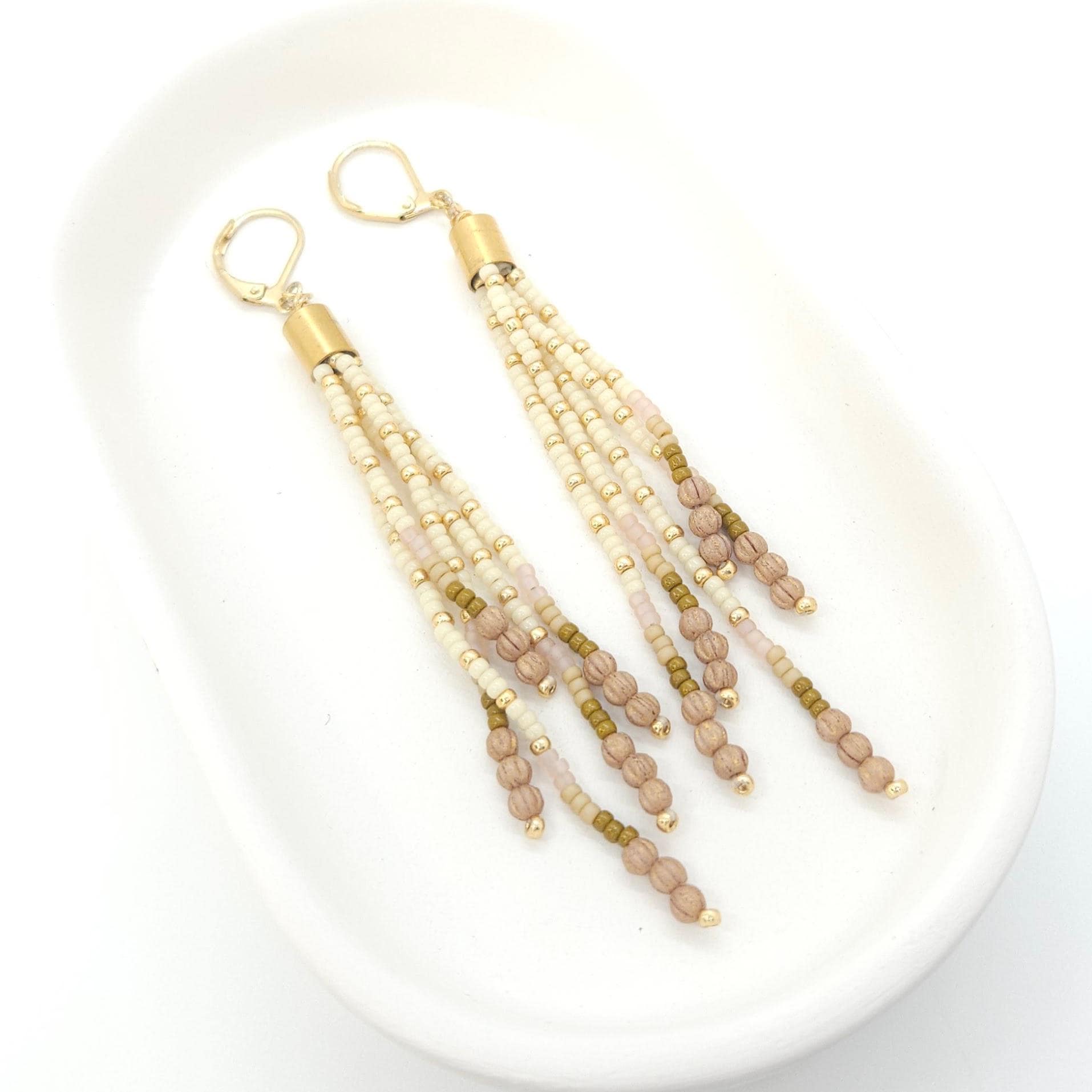 Boho Beaded Tassel Earrings – Handmade Czech Glass & 24K Gold Plated in Ivory and Purple
