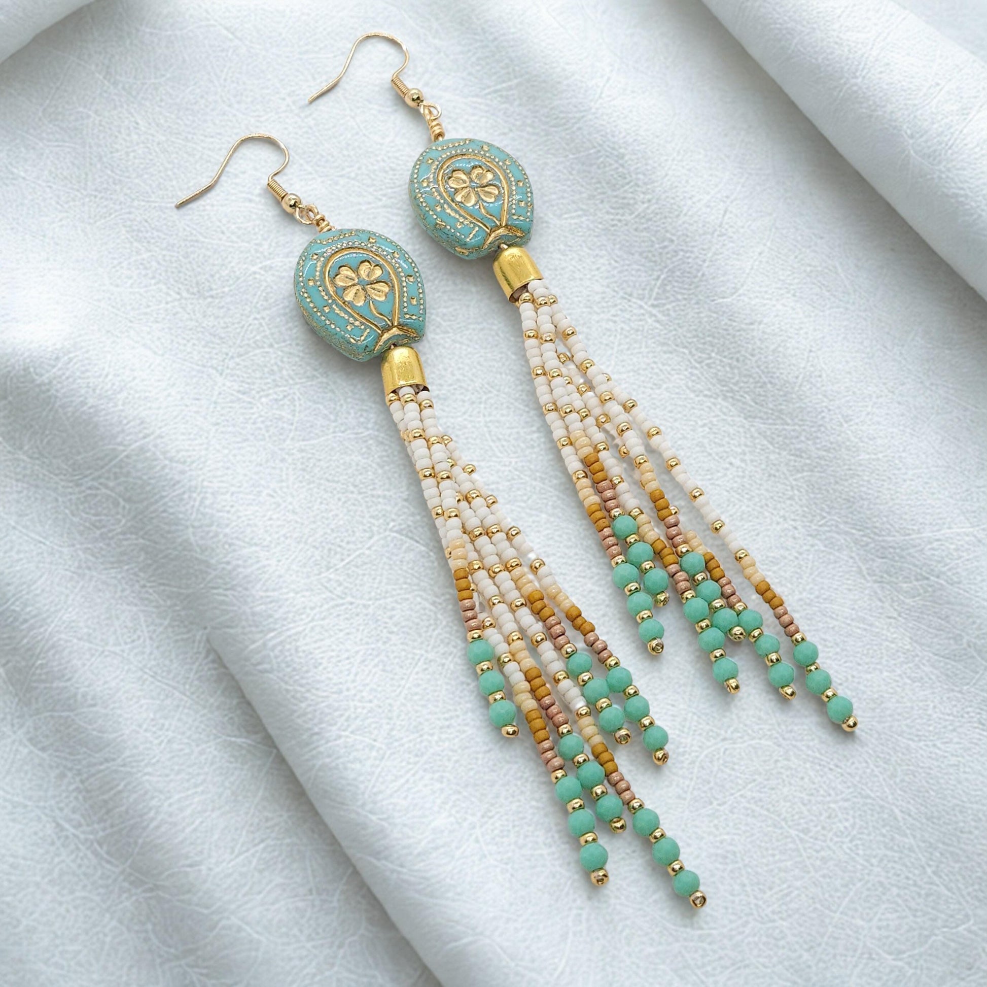 Turquoise Gold Southwestern Horseshoe Earrings with Tassels, Boho Statement Jewelry, Cowgirl Accessories